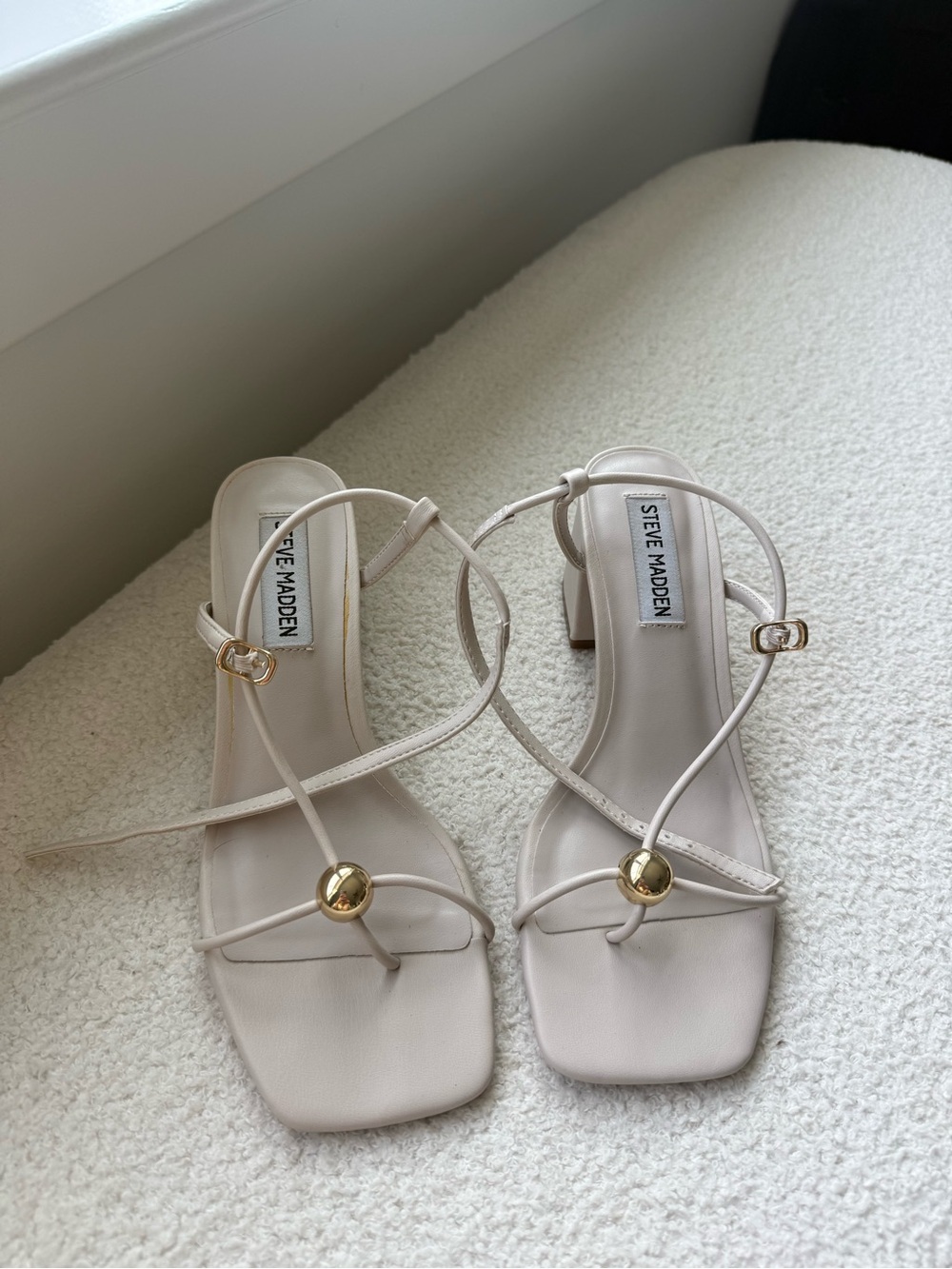 Steve Madden Ivory Strappy Block Heel Sandals with Gold Disc Accents